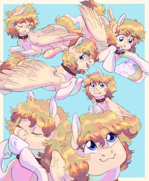 Size: 1400x1700 | Tagged: safe, artist:abbytabbys, derpibooru import, oc, oc:oat latte, unofficial characters only, pegasus, pony, :3, blonde mane, blonde tail, blue background, blue eyes, blue pupils, border, coat markings, coffee cup, collar, colored eyebrows, colored pupils, commission, crayon, cream coat, cup, dog collar, drawing, drink, drinking, eyebrows, eyebrows visible through hair, eyelashes, eyes closed, fluffy mane, fluffy tail, folded wings, freckles, gradient eyes, heart collar, hoof hold, image, jpeg, leg markings, looking at something, looking back, looking up, lying down, mouth hold, open mouth, open smile, passepartout, pegasus oc, profile, prone, shiny mane, shiny tail, simple background, smiling, socks (coat marking), solo, tail, three quarter view, three toned mane, three toned tail, wall of tags, wings