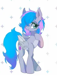 Size: 1200x1600 | Tagged: safe, artist:stacy_165cut, derpibooru import, oc, oc:virtuous hope, unofficial characters only, pegasus, pony, blue mane, colored belly, colored eyelashes, colored pinnae, colored pupils, colored wings, colored wingtips, ear fluff, female, female oc, folded wings, freckles, gradient tail, gray coat, gray wingtips, green eyelashes, green eyes, green pupils, hair over one eye, hoof on chest, image, jpeg, lidded eyes, long legs, mare, mare oc, pale belly, patterned background, pegasus oc, raised hoof, requested art, shiny eyelashes, smiling, solo, standing, standing on three hooves, tail, three quarter view, two toned mane, two toned wings, wing fluff, wings