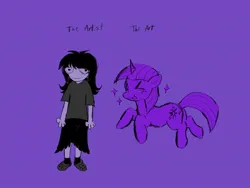 Size: 2048x1536 | Tagged: safe, artist:feefowll, derpibooru import, twilight sparkle, oc, human, pony, unicorn, duo, horn, human oc, image, jpeg, purple background, simple background, sketch