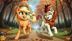 Size: 2560x1440 | Tagged: safe, ai content, derpibooru import, machine learning generated, stable diffusion, applejack, autumn blaze, earth pony, kirin, pony, autumn, autumn leaves, duo, eyes closed, falling leaves, female, forest, full body, generator:pony diffusion v6 xl, happy, image, jpeg, leaf, leaves, looking at each other, looking at someone, mare, nature, open mouth, outdoors, path, prompter:siber, running, scenery, talking, tree, turned head