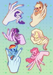 Size: 2778x3973 | Tagged: safe, artist:nimingxiwang168, derpibooru import, applejack, fluttershy, pinkie pie, rainbow dash, rarity, twilight sparkle, earth pony, pegasus, pony, unicorn, g4, book, cute, dashabetes, diapinkes, gradient background, holding a pony, horn, image, in goliath's palm, jackabetes, mane six, png, raribetes, shyabetes, size difference, tiny, tiny ponies, twiabetes