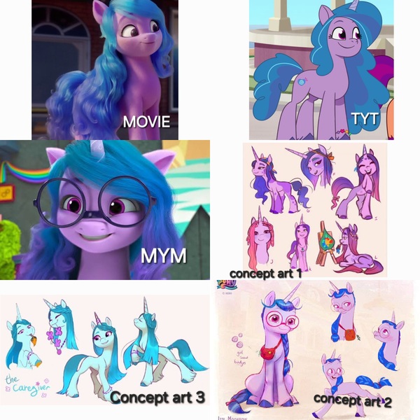 Size: 2880x2880 | Tagged: safe, derpibooru import, screencap, izzy moonbow, sunny starscout, pony, unicorn, g5, my little pony: a new generation, my little pony: make your mark, my little pony: tell your tale, art, bag, blue body, blue hair, blue mane, blue tail, bracelet, brushie, concept art, cutie mark, ears up, eyes open, female, flower, glasses, horn, image, jewelry, jpeg, long hair, long mane, necklace, offscreen character, offscreen female, painting, purple body, purple eyes, rainbow, smiling, solo, solo female, tail, text, unicorn horn