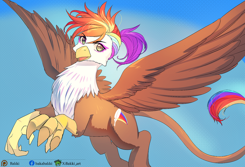 Size: 1400x954 | Tagged: safe, artist:bakki, derpibooru import, oc, oc:rainbow feather, unofficial characters only, gryphon, hippogriff, commission, female, flying, griffon oc, image, interspecies offspring, looking at you, magical lesbian spawn, offspring, parent:gilda, parent:rainbow dash, parents:gildash, png, solo, spread wings, wings