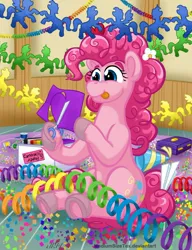 Size: 720x937 | Tagged: safe, artist:texasuberalles, derpibooru import, pinkie pie, earth pony, pony, :p, confetti, female, flower, flower in hair, hat, heart, hoof hold, image, jpeg, mare, paper airplane, party hat, scissors, sitting, solo, streamers, tongue out, underhoof