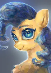 Size: 1080x1539 | Tagged: safe, artist:红脑壳, derpibooru import, oc, unofficial characters only, pony, blue background, blue eyes, blue mane, bust, image, painting, png, simple background, smiling, solo, yellow coat