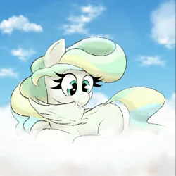 Size: 1352x1352 | Tagged: safe, artist:xppp1n, derpibooru import, vapor trail, pegasus, pony, cloud, female, grooming, image, jpeg, lying down, lying on a cloud, on a cloud, preening, sky, solo, wings