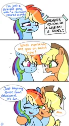 Size: 1120x2048 | Tagged: safe, artist:galaxy swirl, derpibooru import, applejack, rainbow dash, earth pony, pegasus, pony, g4, 3 panel comic, appledash, applejack's hat, comic, cowboy hat, dialogue, duo, duo female, emanata, eye clipping through hair, eyebrows, eyebrows visible through hair, female, freckles, gay, hat, hug, image, jpeg, lesbian, looking at each other, looking at someone, male, mare, mouthpiece, op is a duck, op is trying to start shit, open mouth, open smile, shipping, signature, smiling, speech bubble, tied hair