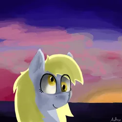 Size: 2000x2000 | Tagged: safe, artist:aubs, artist:derpy_fan, derpibooru import, derpy hooves, pegasus, pony, g4, image, newbie artist training grounds, png, solo, sunset