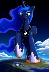 Size: 827x1210 | Tagged: safe, ai content, derpibooru import, machine learning generated, novelai, prompter:neutralfire, stable diffusion, princess luna, alicorn, pony, bust, cruel, crushing, destruction, female, feral, giant luna, giantess, giga, hoof shoes, hooves, image, macro, png, portrait, prompt in description, smiling, solo, stomping