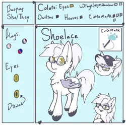 Size: 4356x4316 | Tagged: safe, artist:tkshoelace, derpibooru import, oc, oc:shoelace, unofficial characters only, bat pony, asexual pride flag, bat pony oc, bat wings, bisexual pride flag, chest fluff, cutie mark, ear fluff, eyelashes, eyeshadow, floppy ears, glasses, hat, heart, image, lipstick, makeup, png, ponytail, pride, pride flag, pronouns, reference sheet, slit pupils, solo, text, transgender pride flag, unshorn fetlocks, white fur, white mane, wings