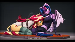 Size: 9600x5400 | Tagged: suggestive, artist:imafutureguitarhero, derpibooru import, sci-twi, sunset shimmer, twilight sparkle, twilight sparkle (alicorn), alicorn, anthro, classical unicorn, pony, unguligrade anthro, unicorn, series:twilight's sexual deviancy, g4, 3d, alicornified, arm fluff, arm freckles, bdsm, belly, belly fluff, biting, black bars, blushing, body freckles, bondage, butt blush, butt fluff, butt freckles, cheek fluff, chest fluff, chest freckles, chin fluff, chromatic aberration, clothes, cloven hooves, collar, colored eyebrows, colored eyelashes, colored wings, cute, dialogue, dork, duo, ear blush, ear fluff, ear freckles, evening gloves, female, femsub, film grain, fingerless elbow gloves, fingerless gloves, floppy ears, fluffy, fluffy hair, fluffy mane, fluffy tail, freckles, fur, giggling, glasses, glasses off, glasses on head, gloves, happy, happy bondage, horn, image, jpeg, laughing, leonine tail, lesbian, letterboxing, licking, long gloves, long hair, long mane, long nails, mare, multicolored hair, multicolored mane, multicolored tail, neck fluff, nose wrinkle, one ear down, one eye closed, pants, peppered bacon, race swap, restrained, revamped anthros, revamped ponies, sci-twilicorn, shimmerbetes, ship:sci-twishimmer, shipping, shirt, shirt lift, shorts, shoulder blush, shoulder fluff, shoulder freckles, signature, smiling, socks, source filmmaker, stage.bsp, stifling laughter, stockings, straitjacket, striped gloves, striped socks, striped stockings, submissive, subset, subtitles, sunsetsparkle, tail, tail fluff, tanktop, text, thigh highs, tickling, ticklish tummy, tongue bite, tongue out, tummylingus, twiabetes, two toned wings, unshorn fetlocks, wall of tags, wing fluff, wing freckles, wings