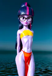 Size: 2862x4183 | Tagged: suggestive, ai content, derpibooru import, generator:civitai, machine learning generated, prompter:varveithor, sci-twi, twilight sparkle, human, equestria girls, g4, 3d, arm behind back, bedroom eyes, belly button, breasts, clothes, dress, glasses, harem outfit, humanized, image, jpeg, loincloth, looking at you, oil, oily skin, photo, seductive, seductive look, sexy, small breasts, tube top, water