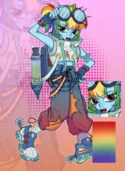 Size: 1936x2642 | Tagged: safe, artist:nimingxiwang168, derpibooru import, rainbow dash, human, equestria girls, g4, alternate clothes, blue skin, clothes, denim, full body, goggles, goggles on head, gradient background, image, jeans, open mouth, pants, png, reference sheet, shoes, solo