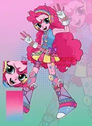 Size: 1936x2642 | Tagged: safe, artist:nimingxiwang168, derpibooru import, pinkie pie, human, equestria girls, g4, abstract background, alternate clothes, boots, clothes, full body, gradient background, humanized, image, open mouth, open smile, pink skin, png, reference sheet, shoes, skirt, smiling, solo