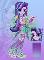 Size: 1936x2642 | Tagged: safe, artist:nimingxiwang168, derpibooru import, starlight glimmer, human, equestria girls, g4, abstract background, alternate clothes, clothes, full body, gradient background, humanized, image, png, reference sheet, solo