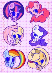 Size: 1873x2615 | Tagged: safe, artist:nimingxiwang168, derpibooru import, applejack, fluttershy, pinkie pie, rainbow dash, rarity, twilight sparkle, earth pony, pegasus, pony, unicorn, g4, abstract background, chibi, cute, dashabetes, diapinkes, group, horn, image, jackabetes, mane six, pink background, png, raribetes, shyabetes, simple background, twiabetes, unicorn twilight