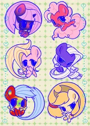 Size: 1873x2615 | Tagged: safe, artist:nimingxiwang168, derpibooru import, applejack, fluttershy, pinkie pie, rainbow dash, rarity, twilight sparkle, earth pony, pegasus, pony, unicorn, g4, abstract background, alternate color palette, chibi, cute, dashabetes, diapinkes, group, horn, image, jackabetes, mane six, pink background, png, raribetes, shyabetes, simple background, twiabetes, unicorn twilight