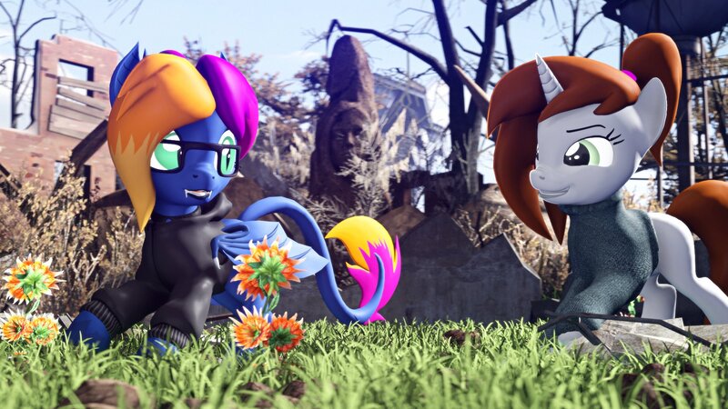 Size: 1920x1080 | Tagged: safe, artist:runic_the_wolf, ponerpics import, oc, oc:layla horizon, oc:stone, unofficial characters only, bat pony, pony, 3d, bat pony oc, bat wings, clothes, duo, duo female, female, glasses, image, jpeg, looking at each other, mare, sweater, wings