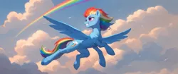 Size: 2560x1080 | Tagged: safe, ai content, alternate version, derpibooru import, generator:tponynai3, machine learning generated, prompter:truekry, rainbow dash, pegasus, pony, g4, belly, belly button, cloud, crotchboobs, flying, from below, grin, image, looking back, nudity, png, rainbow, smiling, spread wings, teats, wallpaper, widescreen, wings