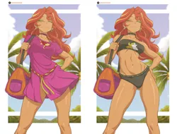 Size: 3348x2550 | Tagged: suggestive, alternate version, artist:rambon7, derpibooru import, sunset shimmer, human, equestria girls, g4, 2d, bag, beach, belly, belly button, bikini, bikini bottom, bikini top, breasts, choker, clothes, cloud, comparison, concave belly, cutie mark, cutie mark on clothes, dress, duffle bag, ear piercing, earring, female, fingernails, hand on hip, image, jewelry, legs, midriff, nails, palm tree, passepartout, patreon, patreon logo, piercing, png, shoulder bag, side by side, sky, solo, swimsuit, thighs, tree, underass