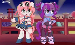 Size: 2500x1500 | Tagged: safe, artist:trackheadtherobopony, derpibooru import, oc, oc:eminence bloom, oc:nekonin, alicorn, pegasus, clothes, cosplay, costume, disgaea, image, japanese, moon runes, png