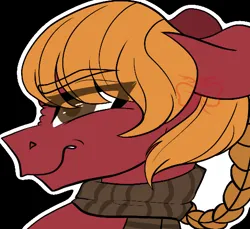 Size: 521x477 | Tagged: safe, artist:arabellascommissions, ponerpics import, oc, oc:foxwhelp, unofficial characters only, earth pony, pony, annoyed, braid, brown eyes, clothes, female, ginger mane, headshot commission, image, jpeg, mare, photo, red coat, scarf, scrunched nose, solo