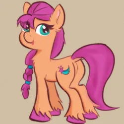 Size: 1500x1500 | Tagged: safe, derpibooru import, sunny starscout, earth pony, pony, g5, artizt:psfmer, butt, female, gray background, image, looking at you, looking sideways, mare, open mouth, open smile, plot, png, simple background, smiling, smiling at you, solo, sunny starbutt, unshorn fetlocks