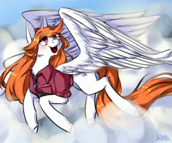 Size: 2560x2133 | Tagged: safe, artist:illustra, derpibooru import, oc, oc:illustra, unofficial characters only, pegasus, pony, black tie, blushing, cheek fluff, clothes, cloud, colored hooves, eye clipping through hair, eyebrows, eyebrows visible through hair, female, female oc, flying, happy, high res, hooves, image, jpeg, large wings, looking up, mare, mare oc, necktie, open mouth, pegasus oc, red shirt, shirt, side view, signature, sky, solo, spread wings, unshorn fetlocks, wings