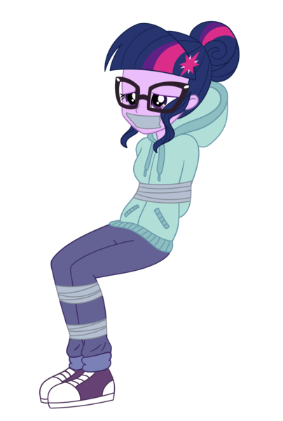 Size: 1600x2376 | Tagged: safe, artist:nie-martw-sie-o-mnie, derpibooru import, sci-twi, twilight sparkle, human, equestria girls, g4, bondage, bound and gagged, clothes, denim, female, femsub, gag, glasses, hair bun, hoodie, image, jeans, pants, png, shoes, simple background, sitting, sneakers, solo, submissive, tape, tape bondage, tape gag, transparent background, twisub