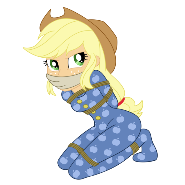 Size: 2000x2000 | Tagged: safe, artist:nie-martw-sie-o-mnie, derpibooru import, applejack, human, equestria girls, g4, applesub, bondage, bound and gagged, cloth gag, clothes, cowboy hat, female, femsub, footie pajamas, freckles, gag, hat, image, kneeling, my little pony equestria girls: rainbow rocks, onesie, pajamas, png, rope, rope bondage, simple background, solo, submissive, transparent background