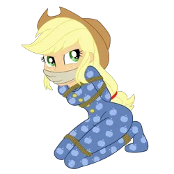 Size: 2000x2000 | Tagged: safe, artist:nie-martw-sie-o-mnie, derpibooru import, applejack, human, equestria girls, g4, applesub, bondage, bound and gagged, cloth gag, clothes, cowboy hat, female, femsub, footie pajamas, freckles, gag, hat, image, kneeling, my little pony equestria girls: rainbow rocks, onesie, pajamas, png, rope, rope bondage, simple background, solo, submissive, transparent background