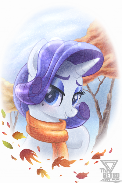 Size: 1994x2991 | Tagged: safe, artist:theretroart88, derpibooru import, rarity, pony, unicorn, g4, 2d, autumn, clothes, eyebrows, eyeshadow, female, horn, image, leaves, lidded eyes, looking at you, makeup, mare, mole, png, scarf, smiling, smiling at you, solo