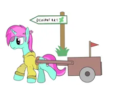 Size: 2400x1600 | Tagged: safe, artist:amateur-draw, derpibooru import, oc, oc:belle boue, unicorn, arrow, cart, clothes, deviantart, deviantart logo, flag, hoodie, horn, image, logo, moving, png, rant, sign, simple background, solo, wheel, white background