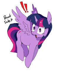 Size: 1993x2401 | Tagged: safe, artist:cheesesauce_45, derpibooru import, twilight sparkle, twilight sparkle (alicorn), alicorn, pony, g4, blush sticker, blushing, book, bookhorse, exclamation point, eyelashes, female, flying, image, mare, open mouth, pixel-crisp art, png, simple background, solo, spread wings, that pony sure does love books, turned head, white background, wings