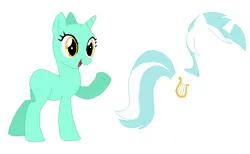 Size: 704x433 | Tagged: safe, artist:selenaede, derpibooru import, lyra heartstrings, pony, unicorn, g4, 2012, bald, base, female, horn, image, mane, mare, no tail, open mouth, open smile, png, raised hoof, scene interpretation, simple background, smiling, solo, tail, white background