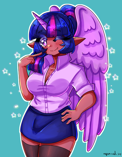 Size: 2550x3300 | Tagged: safe, artist:mylittleyuri, derpibooru import, twilight sparkle, human, g4, alicorn humanization, blue background, blush lines, blushing, breasts, busty twilight sparkle, cleavage, clothes, cute, cute little fangs, dark skin, elf ears, eyebrows, eyebrows visible through hair, fangs, female, high res, horn, horned humanization, humanized, image, looking at you, moderate dark skin, one eye closed, outline, png, shirt, signature, simple background, skirt, snaggletooth, socks, solo, stars, stockings, thigh highs, twiabetes, white outline, white pupils, winged humanization, wings, wink, winking at you, zettai ryouiki