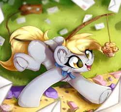 Size: 2425x2228 | Tagged: safe, artist:woonborg, derpibooru import, derpy hooves, pegasus, pony, bag, bowtie, chest fluff, clumsy, derp, ear fluff, food, image, letter, muffin, necktie, png, rod, solo