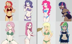 Size: 3347x2048 | Tagged: suggestive, artist:eltrash_art6, derpibooru import, applejack, fluttershy, pinkie pie, rainbow dash, rarity, sunset shimmer, twilight sparkle, human, alternate hairstyle, applejack's hat, ass, bedroom eyes, belly, belly button, black underwear, blue underwear, blushing, breasts, butt, clothes, cowboy hat, dark skin, female, females only, freckles, green underwear, hat, humanized, image, jpeg, kneeling, mane six, open mouth, pinkamena diane pie, purple underwear, socks, sports bra, stockings, thigh highs, underwear, undressing, white underwear