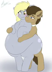 Size: 2000x2800 | Tagged: suggestive, artist:astrum, derpibooru import, derpy hooves, doctor whooves, time turner, earth pony, pegasus, pony, aderpose, bedroom eyes, belly, belly button, bipedal, blushing, chest fluff, chubby, digital art, duo, duo male and female, ear fluff, fat, fat fetish, female, fetish, floppy ears, hoof on belly, hug, hug from behind, image, large butt, lidded eyes, male, png, ship:doctorderpy, shipping, simple background, smiling, standing, straight, white background, wide hips