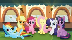 Size: 1200x675 | Tagged: safe, artist:k. dale, derpibooru import, applejack, fluttershy, pinkie pie, rainbow dash, rarity, twilight sparkle, twilight sparkle (alicorn), alicorn, earth pony, pegasus, pony, g4, crossed legs, cute, female, image, jpeg, looking at you, lying down, mane six, mare, movie accurate, sitting, smiling, wagon