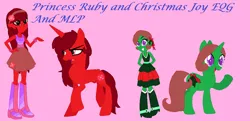 Size: 1232x594 | Tagged: safe, artist:celestiathefilly, artist:selenaede, derpibooru import, oc, oc:christmas joy, oc:princess ruby, unofficial characters only, alicorn, human, pony, unicorn, equestria girls, g4, alicorn oc, boots, bracelet, closed mouth, clothes, colored pupils, concave belly, dress, duo, equestria girls oc, equestria girls-ified, female, folded wings, frown, grin, hand on hip, hands behind back, high heel boots, horn, image, jewelry, looking at you, mare, open mouth, physique difference, pink background, png, purple eyes, raised hoof, raised leg, red eyes, shirt, shoes, simple background, skirt, slender, smiling, standing, tanktop, thin, unicorn oc, walking, wings