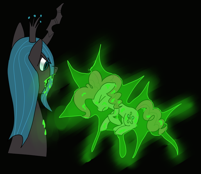 Size: 2209x1918 | Tagged: semi-grimdark, artist:anonymous, pinkie pie, queen chrysalis, changeling, changeling queen, pony, /mlp/, 4chan, ><, black background, bondage, changeling slime, drawthread, duo, eyes closed, fangs, female, frown, glow, image, looking at someone, mare, open mouth, png, simple background, slit eyes, trapped