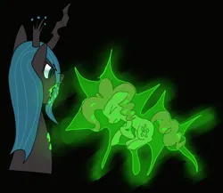 Size: 2209x1918 | Tagged: semi-grimdark, artist:anonymous, pinkie pie, queen chrysalis, changeling, changeling queen, pony, /mlp/, 4chan, ><, black background, bondage, changeling slime, drawthread, duo, eyes closed, fangs, female, frown, glow, image, looking at someone, mare, open mouth, png, simple background, slit eyes, trapped