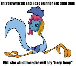 Size: 2125x1825 | Tagged: safe, derpibooru import, edit, thistle whistle, bird, pegasus, pony, roadrunner, g3, beep beep, black text, blue, cute, female, frown, g3betes, image, looney tunes, mare, png, road runner, simple background, text, thistlebetes, white background