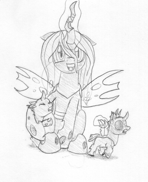 Size: 595x730 | Tagged: safe, artist:anonymous, queen chrysalis, changeling, changeling queen, nymph, /mlp/, 4chan, drawthread, eyes closed, female, glowing horn, happy, horn, image, looking at you, mommy chrissy, monochrome, open mouth, pencil drawing, png, simple background, sitting, slit eyes, smiling, traditional art, walking, white background