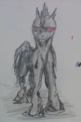 Size: 603x906 | Tagged: safe, artist:anonymous, changeling, /mlp/, 4chan, drawthread, fangs, frown, gladiator, image, jpeg, ooze, pencil drawing, red eyes, solo, standing, traditional art