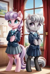 Size: 800x1169 | Tagged: safe, ai content, derpibooru import, machine learning generated, prompter:gregorymars, stable diffusion, diamond tiara, silver spoon, earth pony, pony, semi-anthro, g4, classroom, clothes, duo, duo female, female, filly, foal, generator:pony diffusion v6 xl, image, indoors, jpeg, mare, school, school uniform, skirt, standing, window