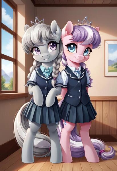 Size: 800x1169 | Tagged: safe, ai content, derpibooru import, machine learning generated, prompter:gregorymars, stable diffusion, diamond tiara, silver spoon, earth pony, pony, semi-anthro, g4, classroom, clothes, duo, duo female, female, filly, foal, generator:pony diffusion v6 xl, image, indoors, jpeg, mare, school, school uniform, skirt, standing, window