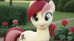 Size: 1920x1080 | Tagged: safe, ai content, anonymous prompter, derpibooru import, machine learning generated, roseluck, bush, eye reflection, flower, garden, happy, image, looking at you, open mouth, png, reflection, rose, smiling