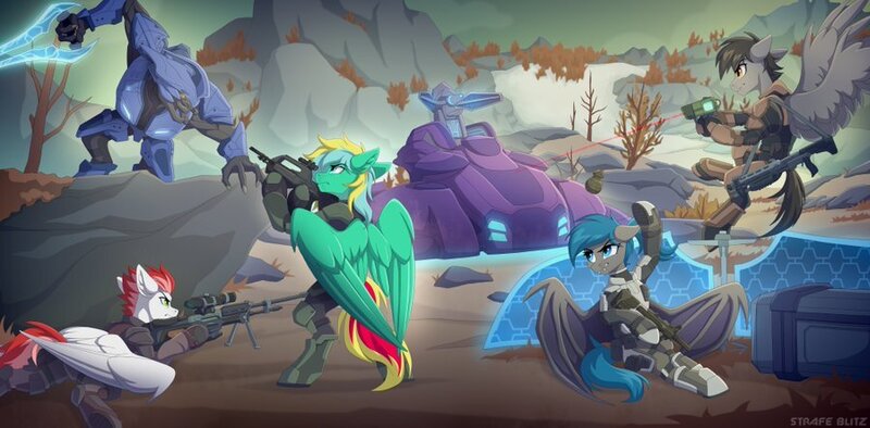 Size: 900x443 | Tagged: safe, artist:strafe blitz, derpibooru import, oc, oc:midnight dagger, oc:swift apex, alien, bat pony, pegasus, pony, armor, female, gun, halo (series), image, jpeg, male, mare, rifle, stallion, weapon